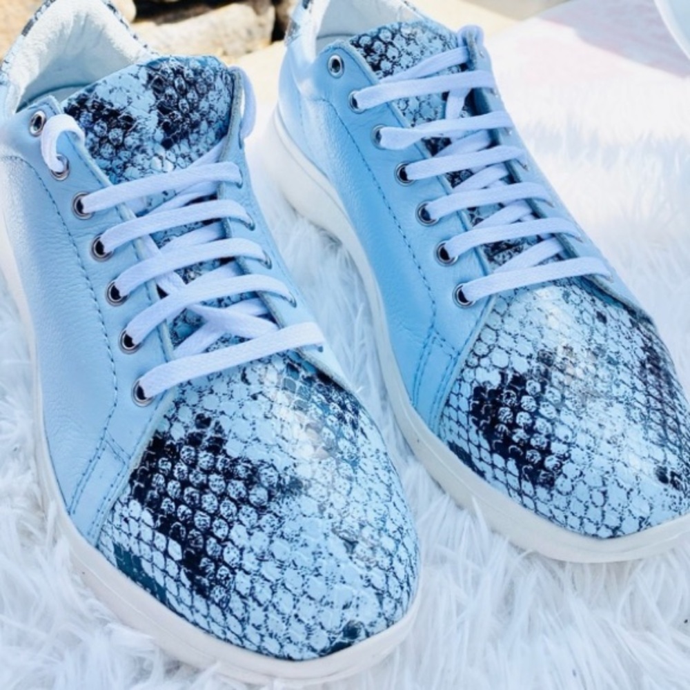 Marc Joseph Light Blue and Black Snake Print Sneakers